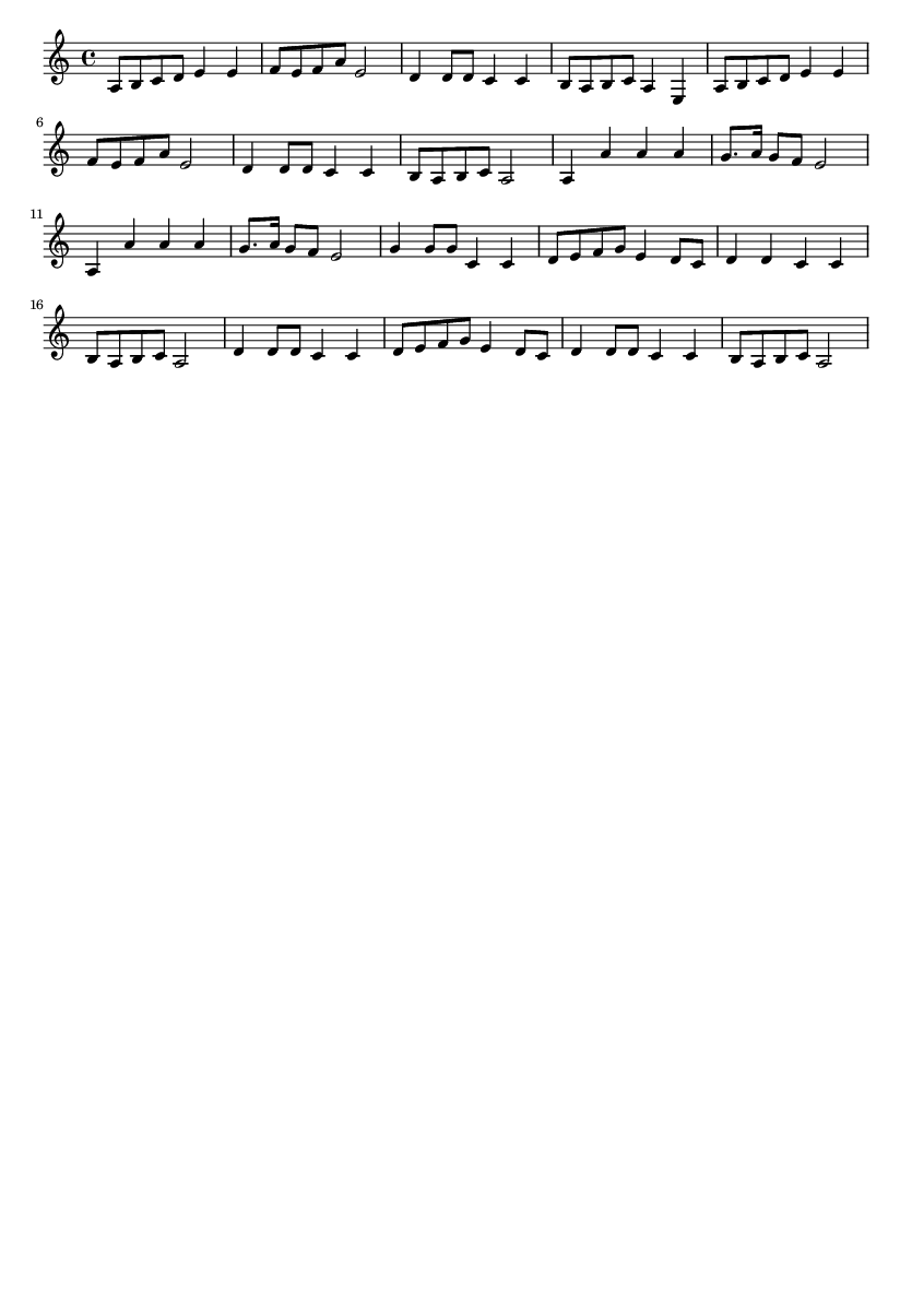 \relative c' { a8 b c d e4 e f8 e f a e2 d4 d8 d c4 c b8 a b c a4 e a8 b c d e4 e f8 e f a e2 d4 d8 d c4 c b8 a b c a2 a4 a' a a g8. a16 g8 f e2 a,4 a' a a g8. a16 g8 f e2 g4 g8 g c,4 c d8 e f g e4 d8 c d4 d c c b8 a b c a2 d4 d8 d c4 c d8 e f g e4 d8 c d4 d8 d c4 c b8 a b c a2}