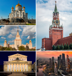 בכיוון השעון מימין למעלה: מגדל ספאסקאיה בקרמלין, מוסקבה סיטי, הכיכר האדומה, תיאטרון בולשוי, אוניברסיטת מוסקבה, וקתדרלת ישו המושיע.