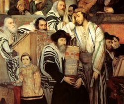 חלקו העליון של ציור משנת 1878 של יהודים אירופאים מתפללים בבית הכנסת ביום הכיפורים